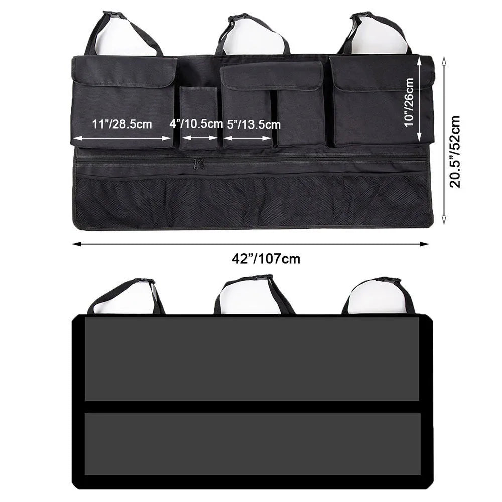 Black car boot hanging storage organiser with waterproof Oxford cloth construction and seat back attachment