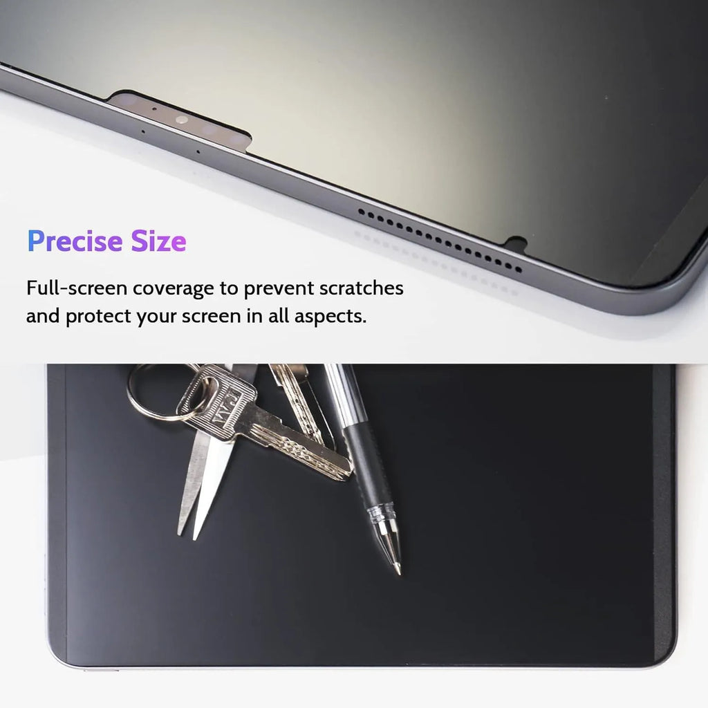 Magnetic privacy screen protector film shown attached to an iPad Pro, with narrow viewing angle effect demonstrated.