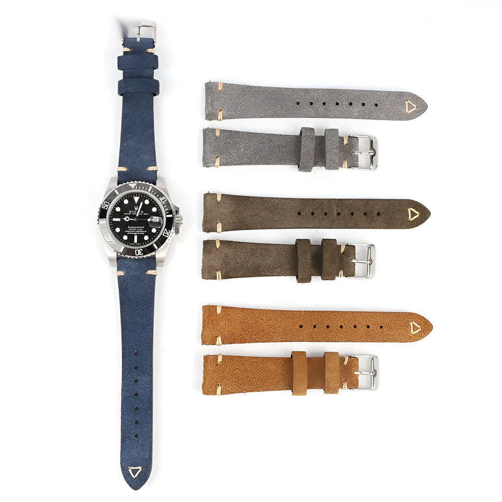 Genuine suede leather watch strap in brown, shown in a small waist design.