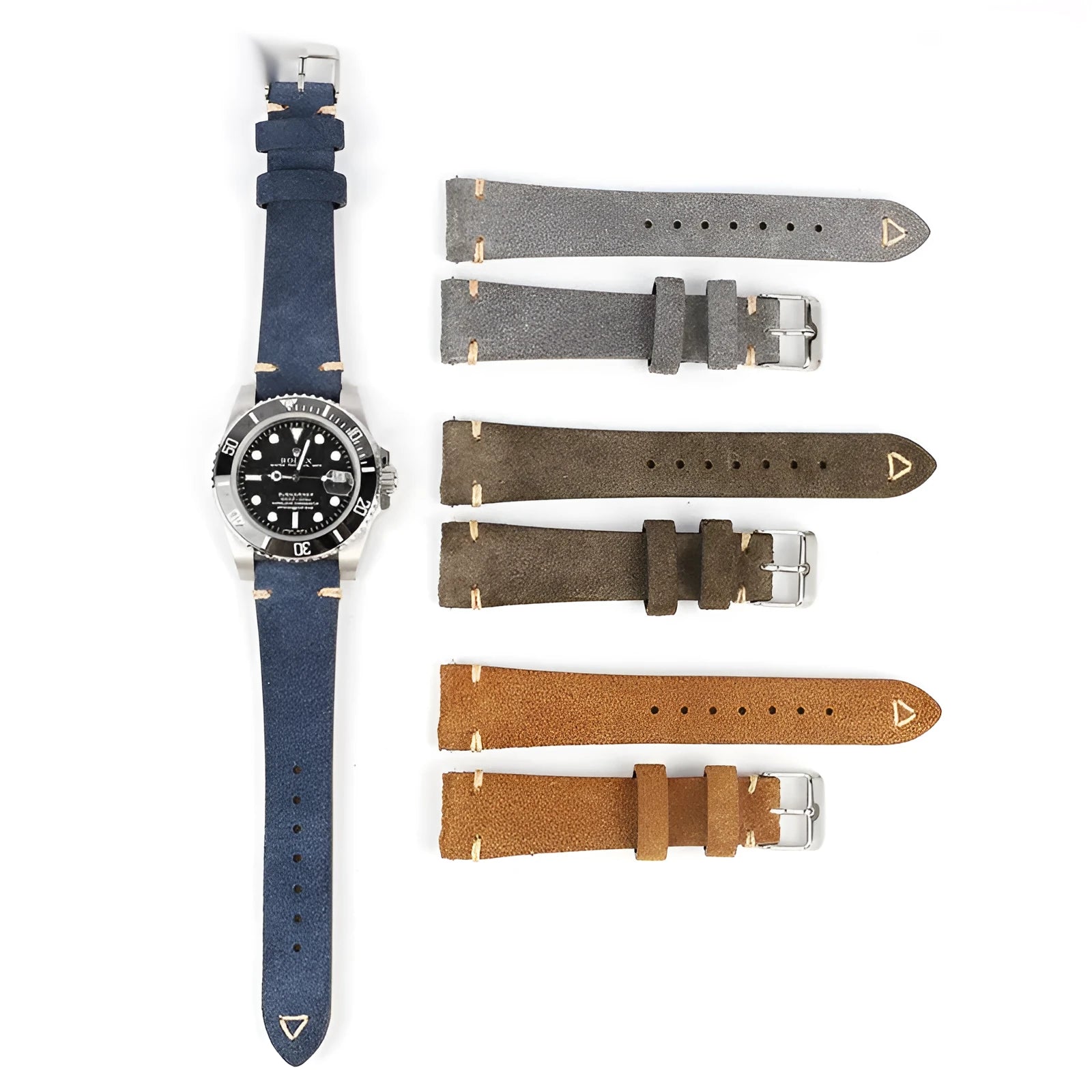 Genuine suede leather watch strap in brown, shown in a small waist design.