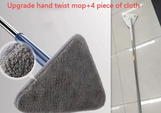 Blue triangle cleaning mop with 360° rotating head and extendable stainless steel pole