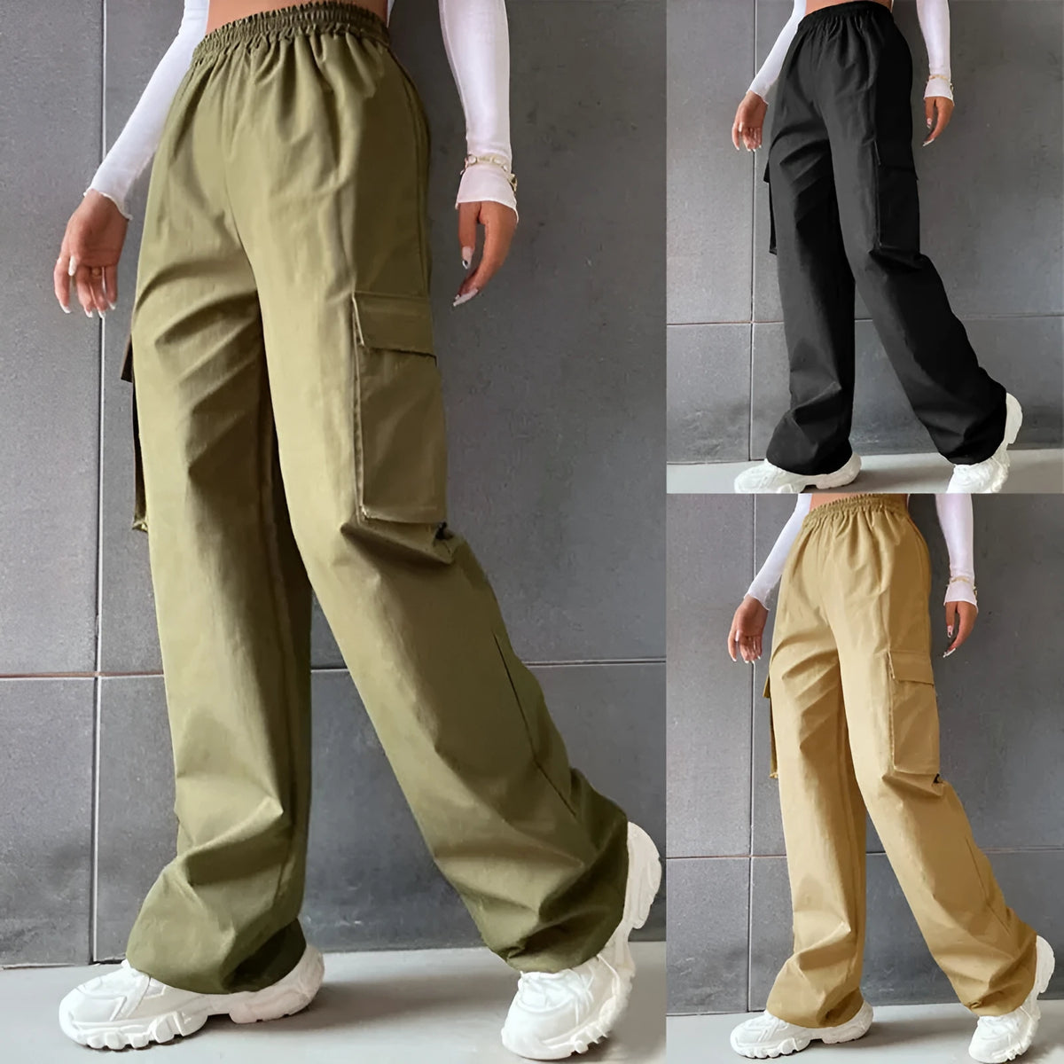 Women's high waist workwear trousers with pockets in solid colours, sizes S to 2XL.
