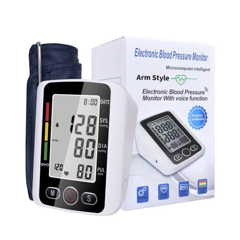 Automatic arm blood pressure monitor with large screen display on a table