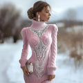Women's slim-fit high-neck bodycon dress sweater with 3D print, pencil skirt length, in black
