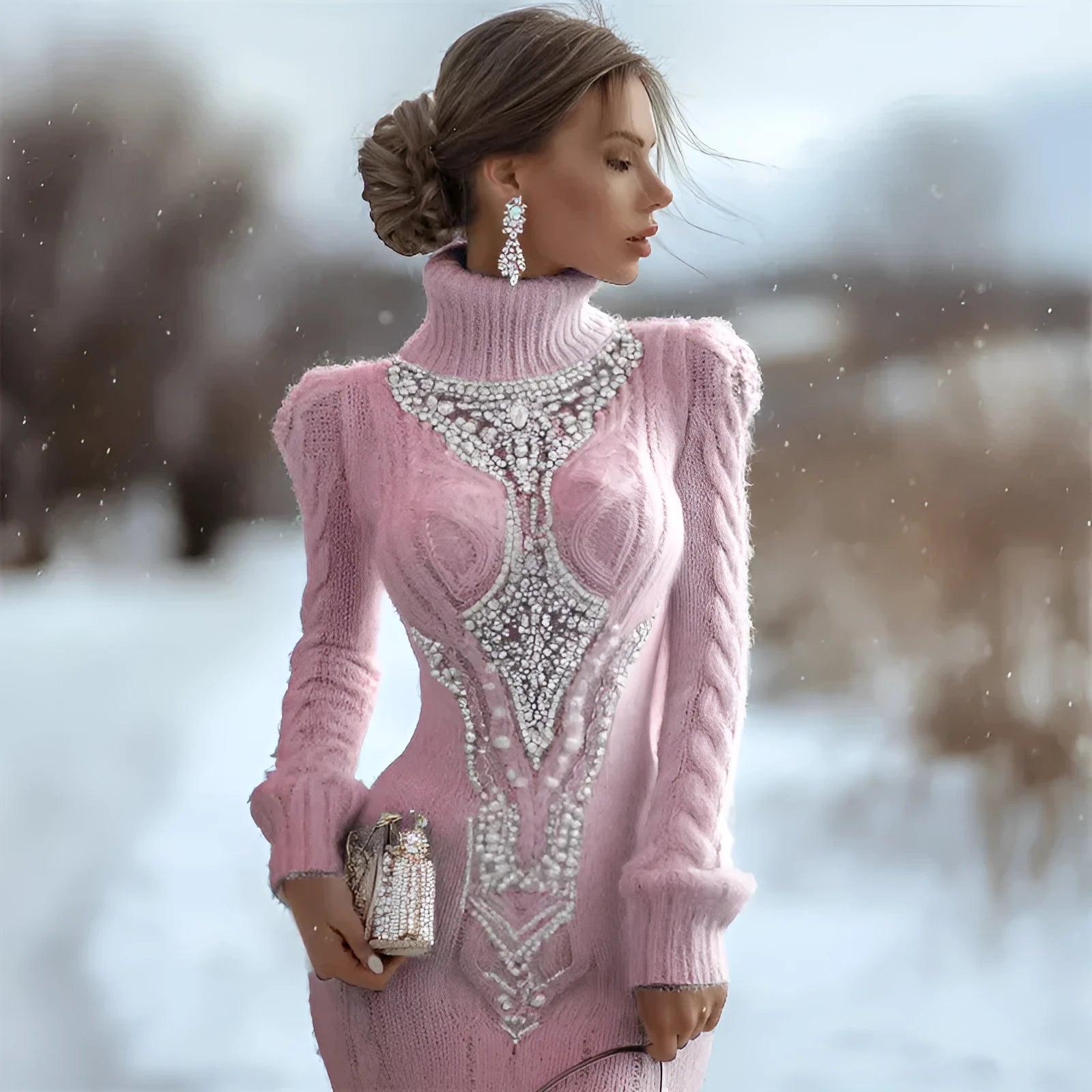 Women's slim-fit high-neck bodycon dress sweater with 3D print, pencil skirt length, in black