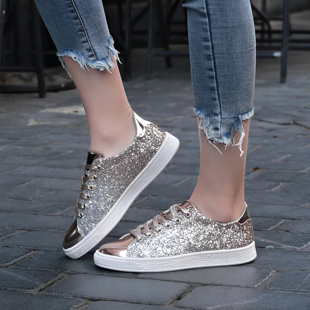 Women's casual low-top sequin shoes in gold with lace-up front and round toe.