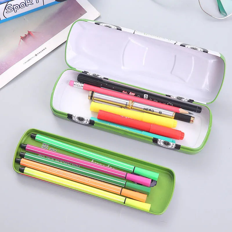 Tinplate car-shaped pencil case with cartoon patterns showing double-layer interior