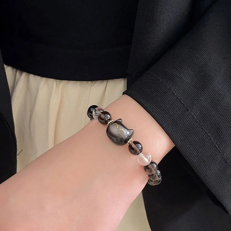 Women's silver stone cat head bracelet with 8mm ice stone beads and opal accents