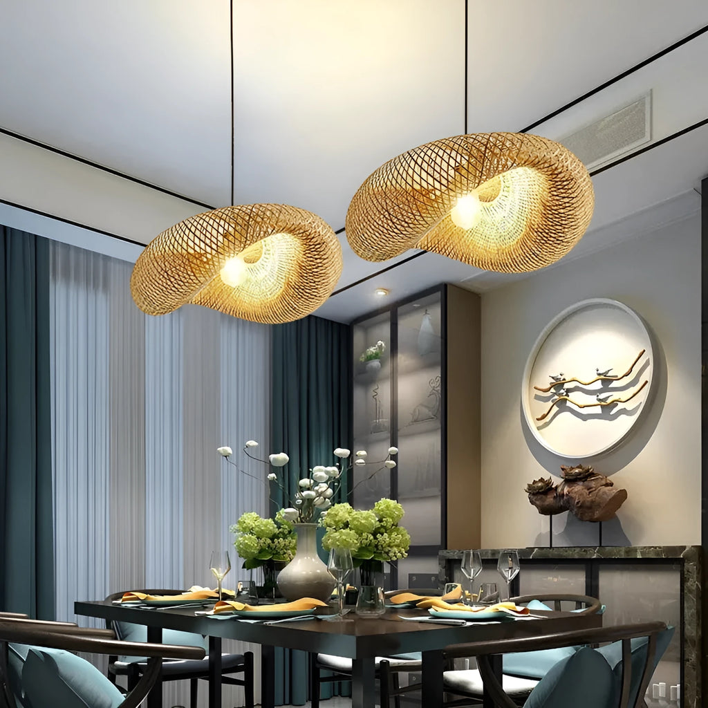 Straw hat-shaped bamboo rattan hanging lamp with woven texture, shown as a pendant ceiling light.