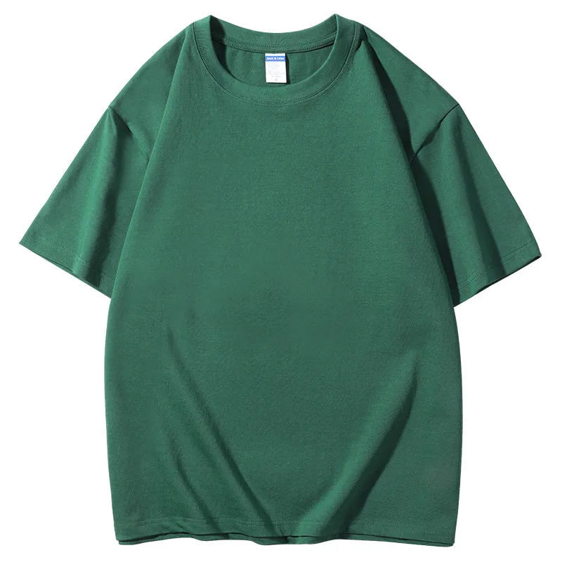 Man wearing a loose-fit 300g cotton round neck t-shirt with a print, shown in a solid colour.