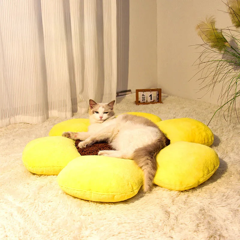 Blue round flower-shaped plush pet nest bed for cats on a wooden floor