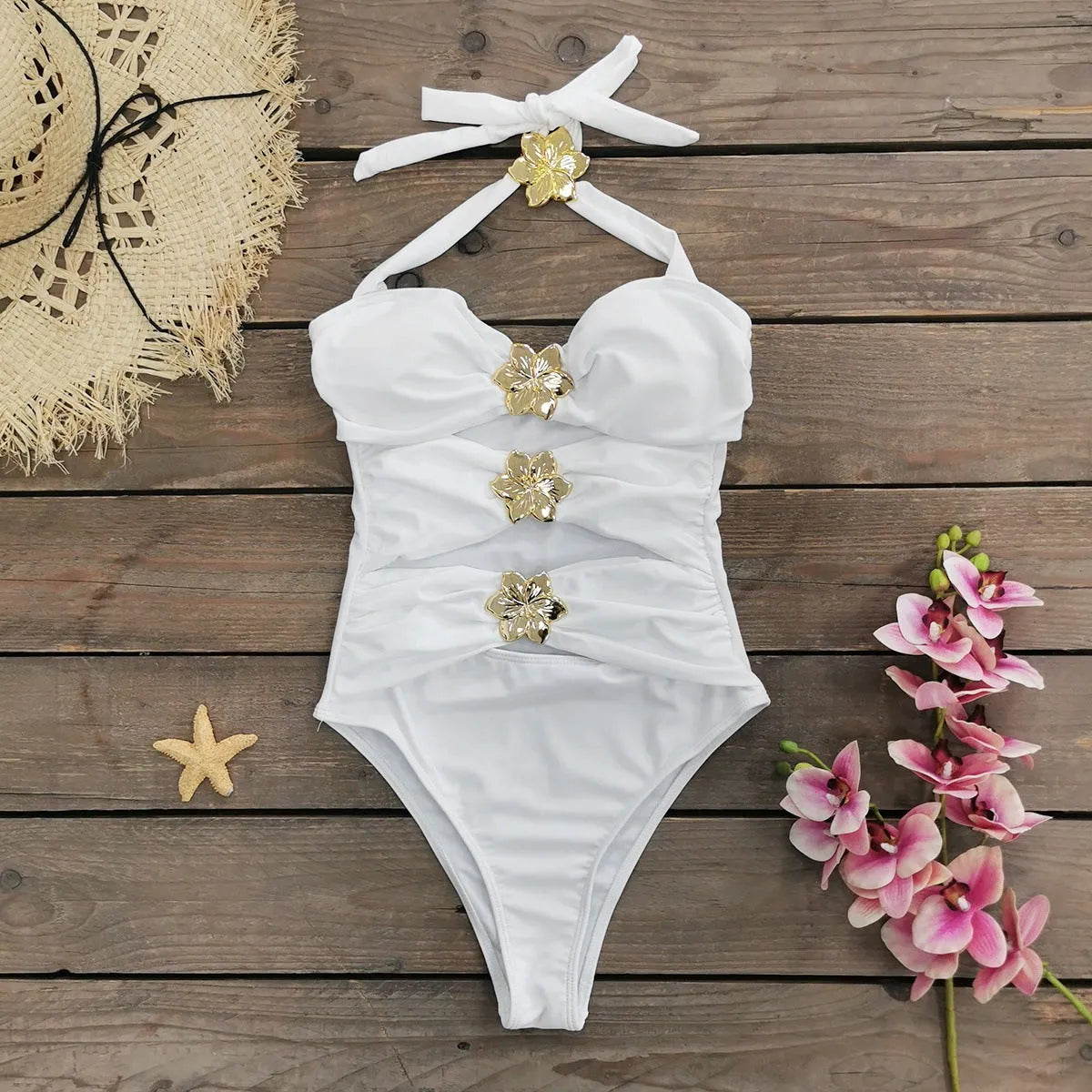 Women's solid colour one-piece swimsuit with hollow-out tube top and matching skirt