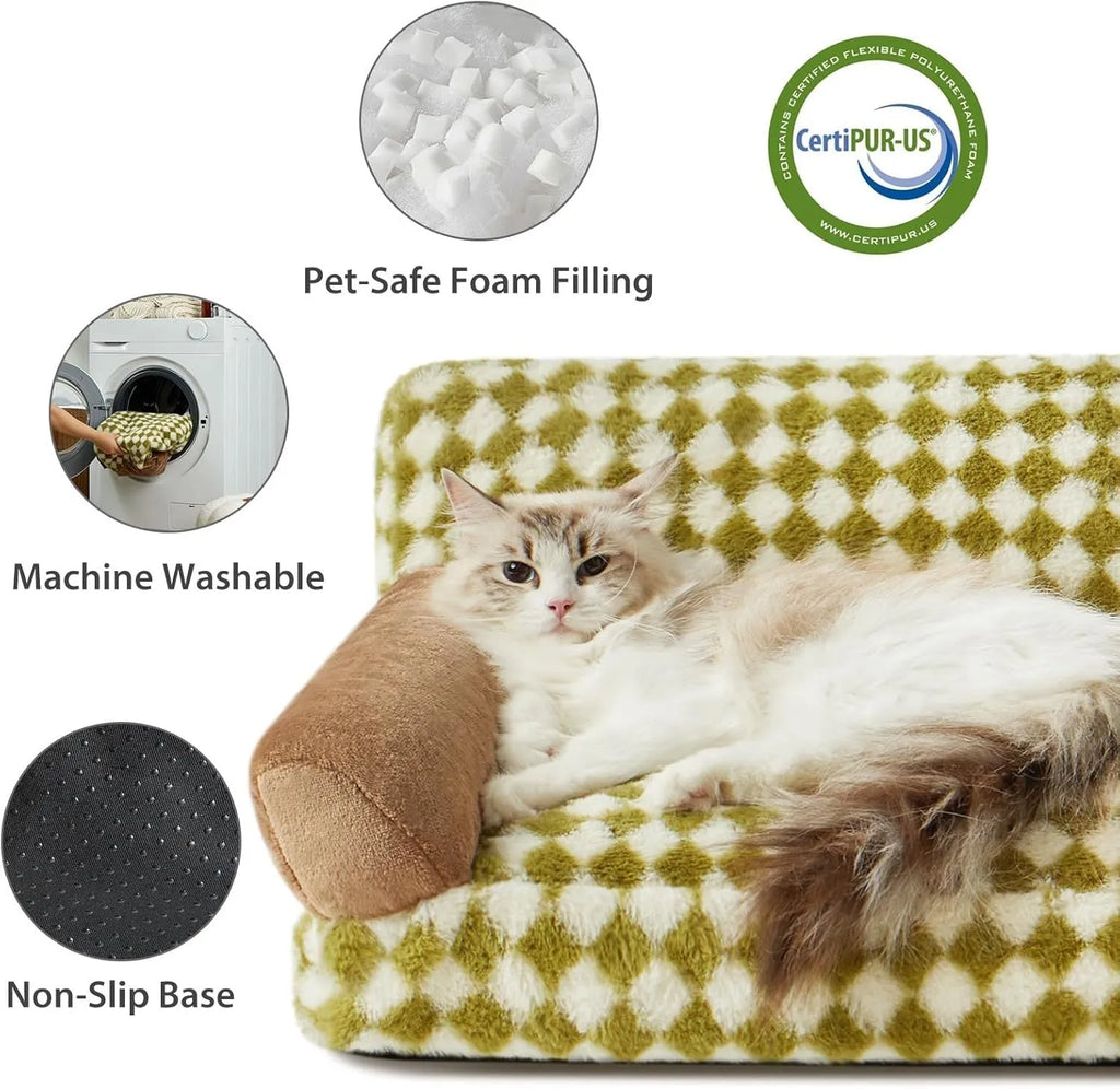 Checkered pattern pet sofa bed for small cats and dogs with removable cover, shown in three sizes.