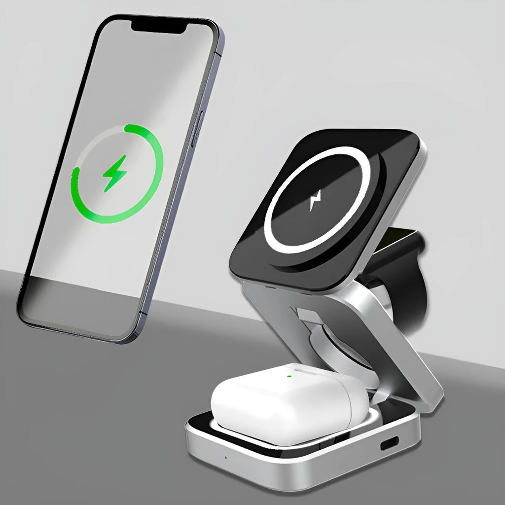 Folding three-in-one desktop wireless charging bracket with magnetic ring on a desk.