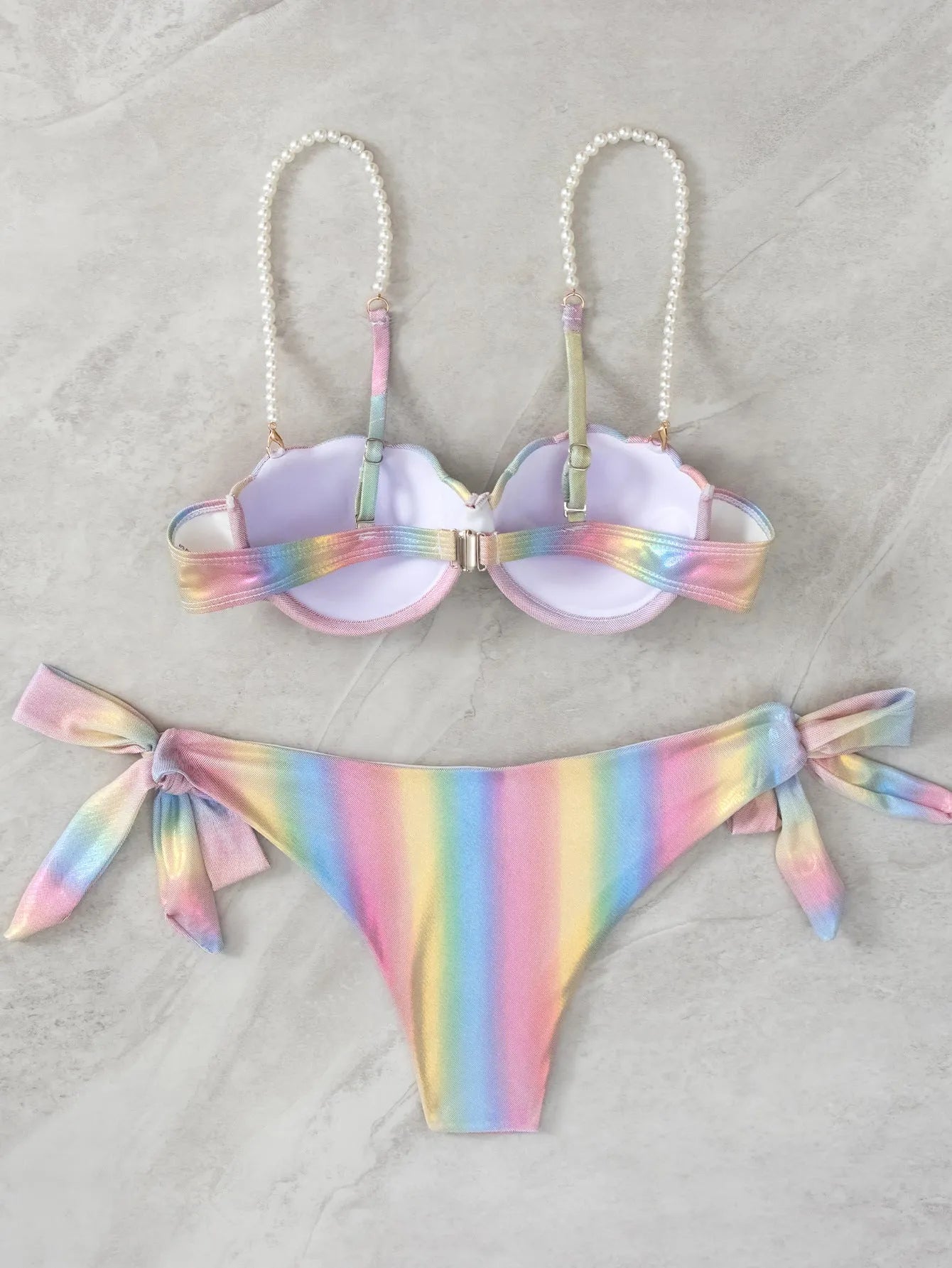 Women's rainbow shell pattern bikini swimsuit with split design and tied elements