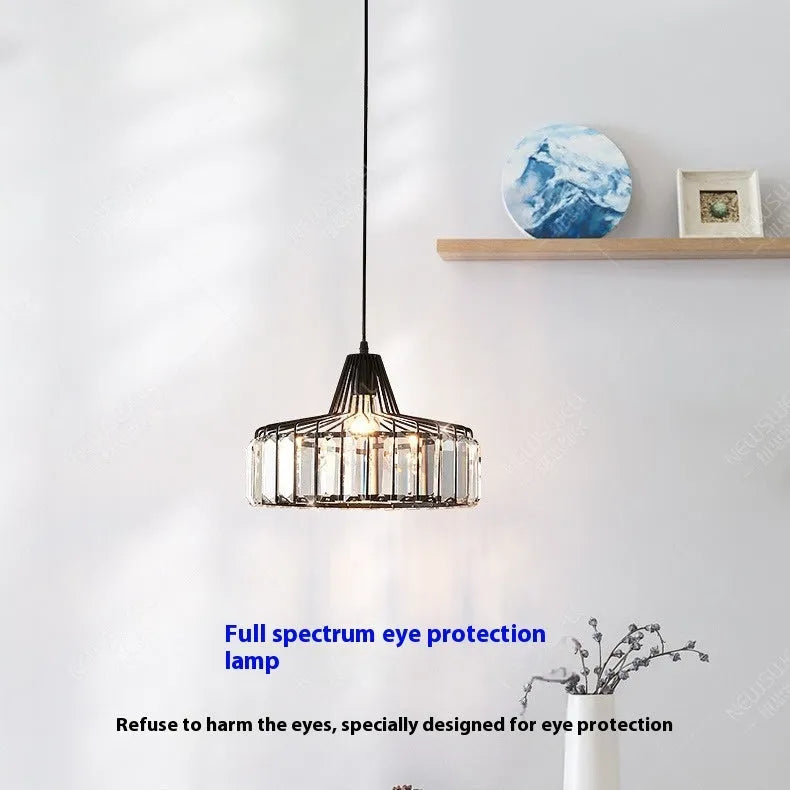 Modern crystal LED ceiling chandelier with black iron frame and decorative crystal elements