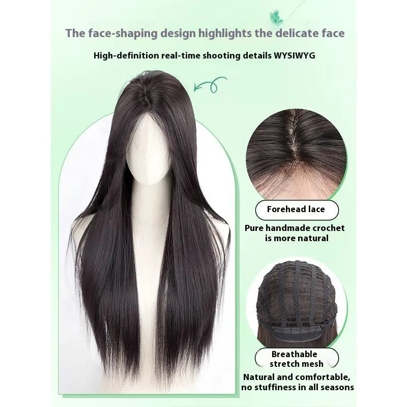 Female full-head wig with forehead lace in brown black colour showing fluffy construction and seamless hairline blending