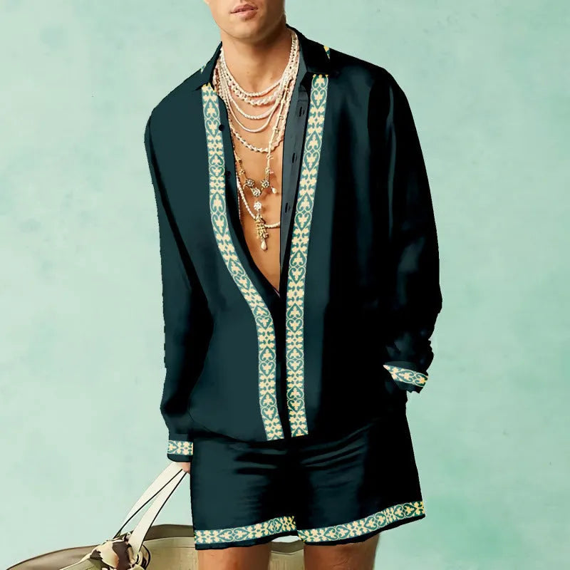 Men's casual summer shirt and shorts two-piece set in a colour matching pattern.