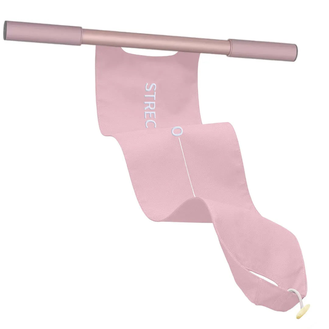 Grey and pink yoga stretching tool for shoulder, back, and hip flexibility exercises