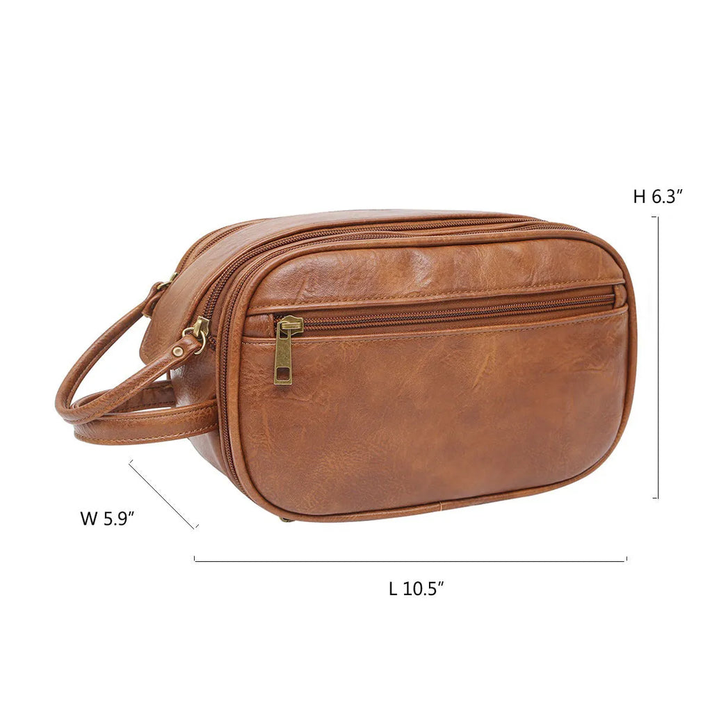 Men's black PU leather toiletry bag for travel storage of cosmetics and grooming products