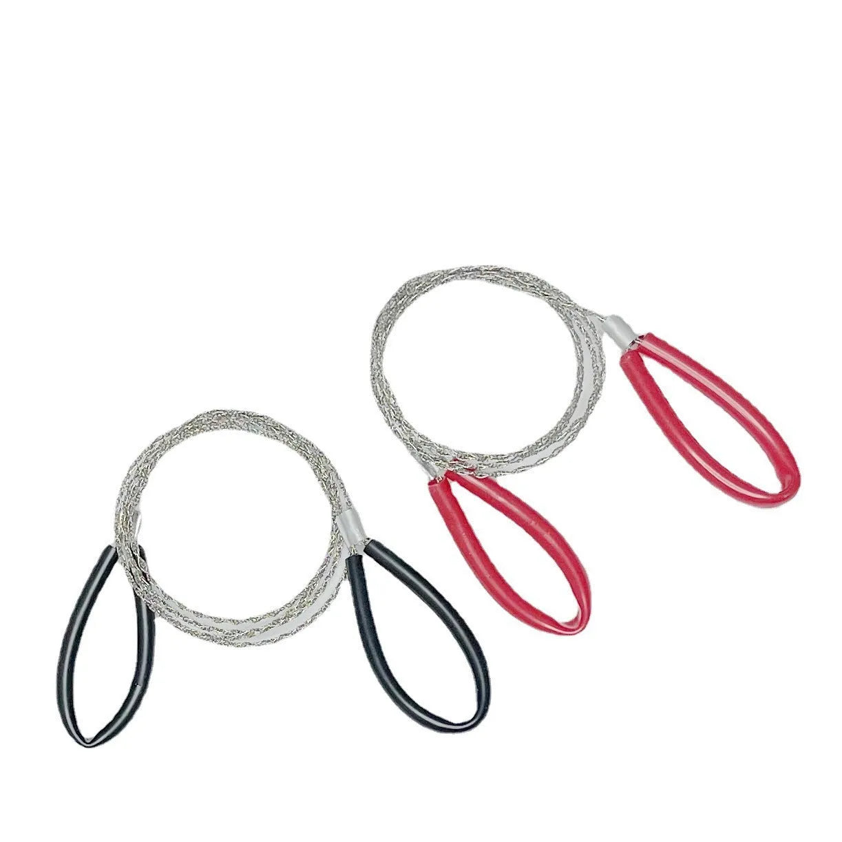Black and red survival wire saw with leather case, showing coiled stainless steel wire and its compact size.