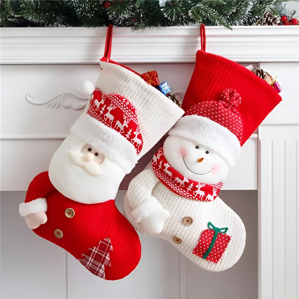 Large red and white knitted Christmas stocking with Santa Claus design hanging on a fireplace.