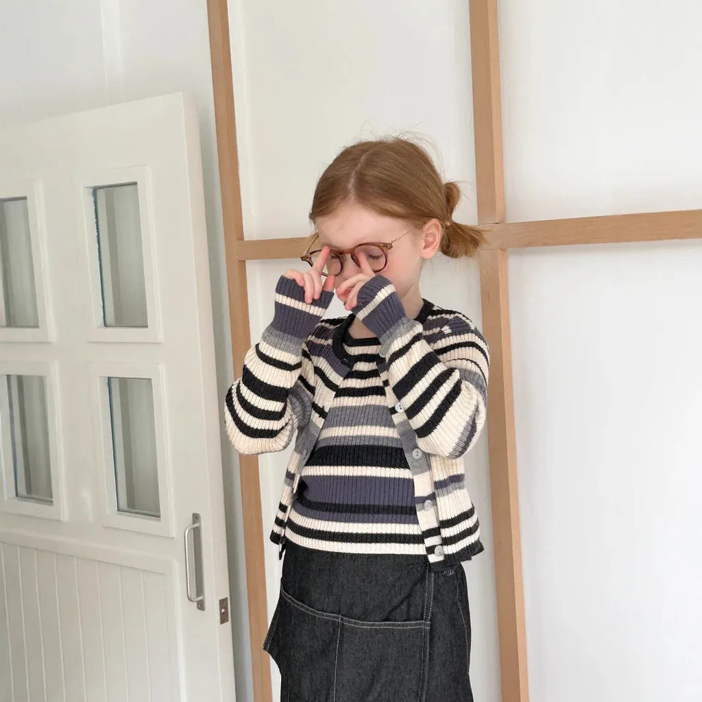 Girls gray striped knitted vest and cardigan two-piece set on white background, acrylic fine yarn