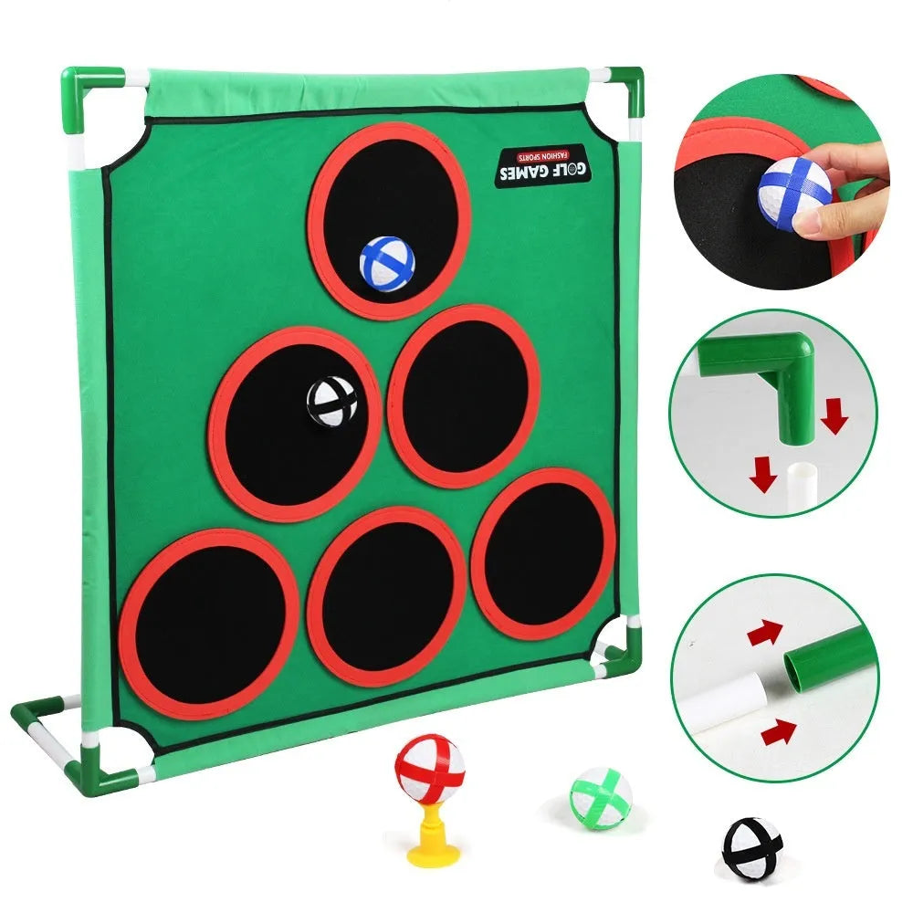 Children's Velcro golf suit toy with plastic and flannel target, available in single or double frame styles, colour box packaging
