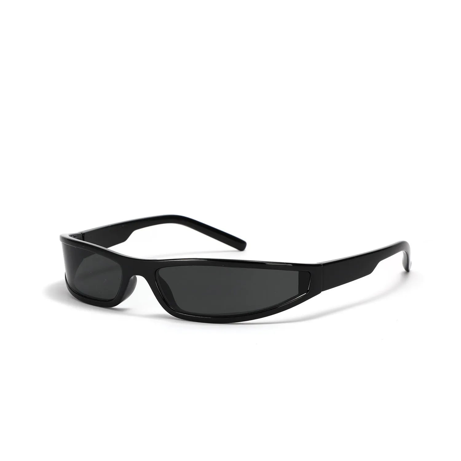 Narrow frame sunglasses with mercury finish in bright black and gray colour, showing future style design with slim profile