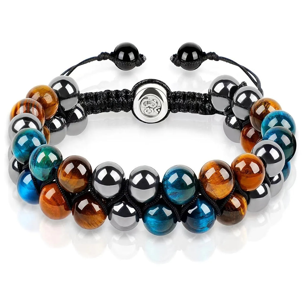 A unisex Tiger's Eye gemstone bead bracelet with alloy details and auspicious elephant charms.