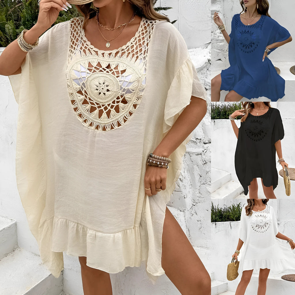 Woman wearing a crochet-tassel patchwork skirt dress as a beach cover-up in apricot colour.