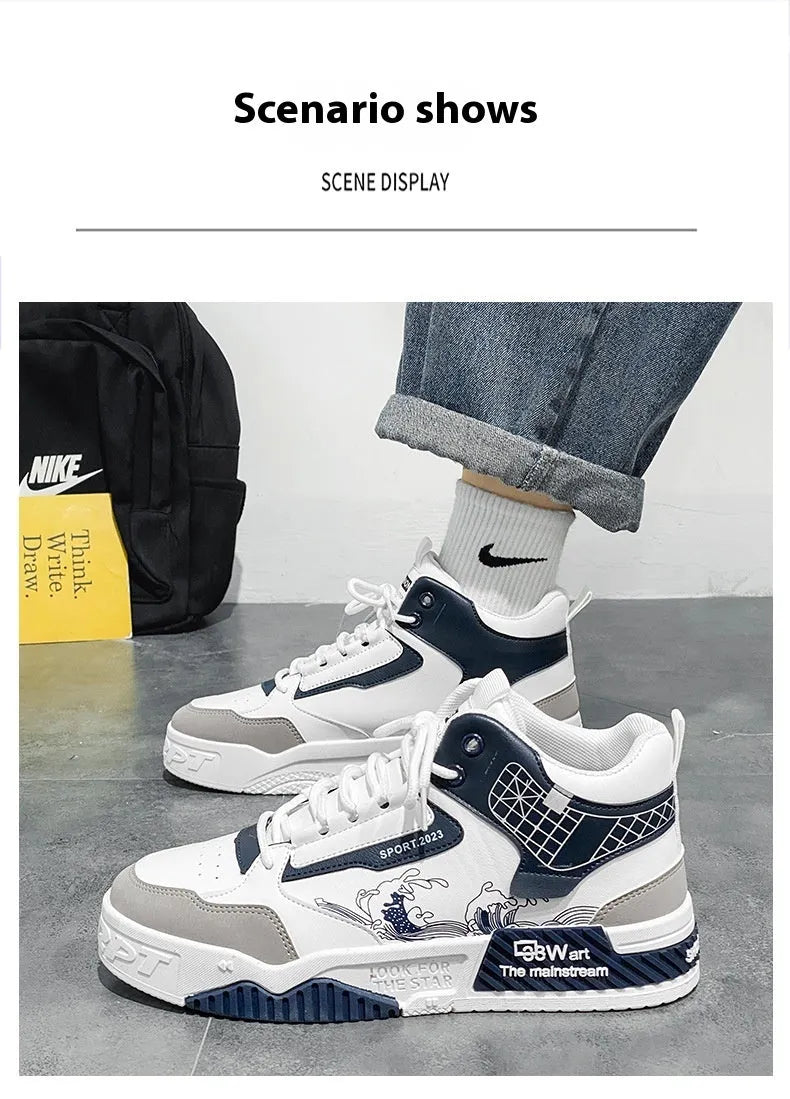 Men's beige, white, and blue high-top board shoes with lace-up front and rubber sole