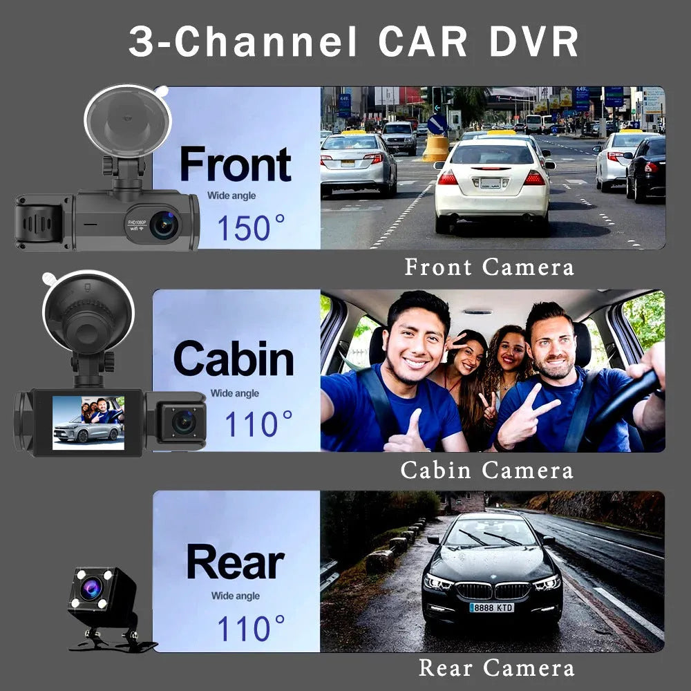 HD 1080P three lens WiFi car DVR dash cam with reversing image, front interior and rear cameras on 2 inch IPS screen