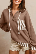 Straw yellow waffle texture striped patchwork hoodie with button neck and drawstring hood