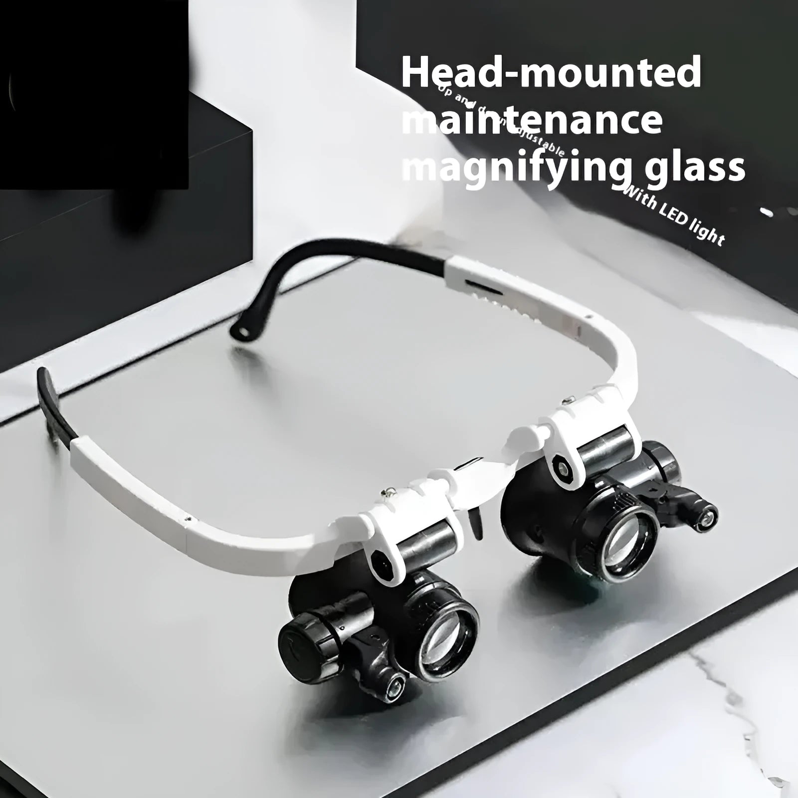 White foldable head-mounted magnifying glass with LED light for 30X precision repair work.