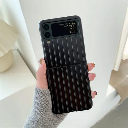 Samsung Z Flip3 flip phone case in black, red, pink, silver, gold, sky blue, and light green colours, showing front and back.