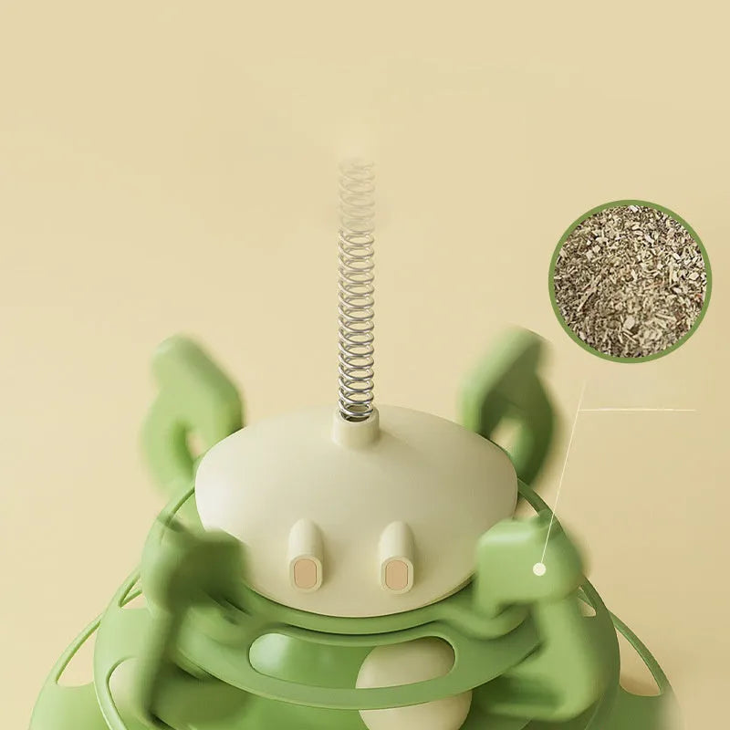 Rotating cat toy plate with four-layer tower, tracks, windmill, feather stick, and leaking food option, 25x25x41.5cm