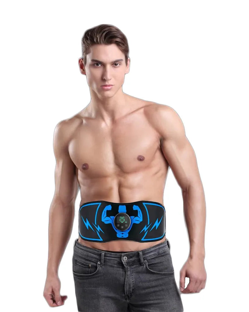Blue EMS abdominal slimming belt with wireless remote control and arm stickers