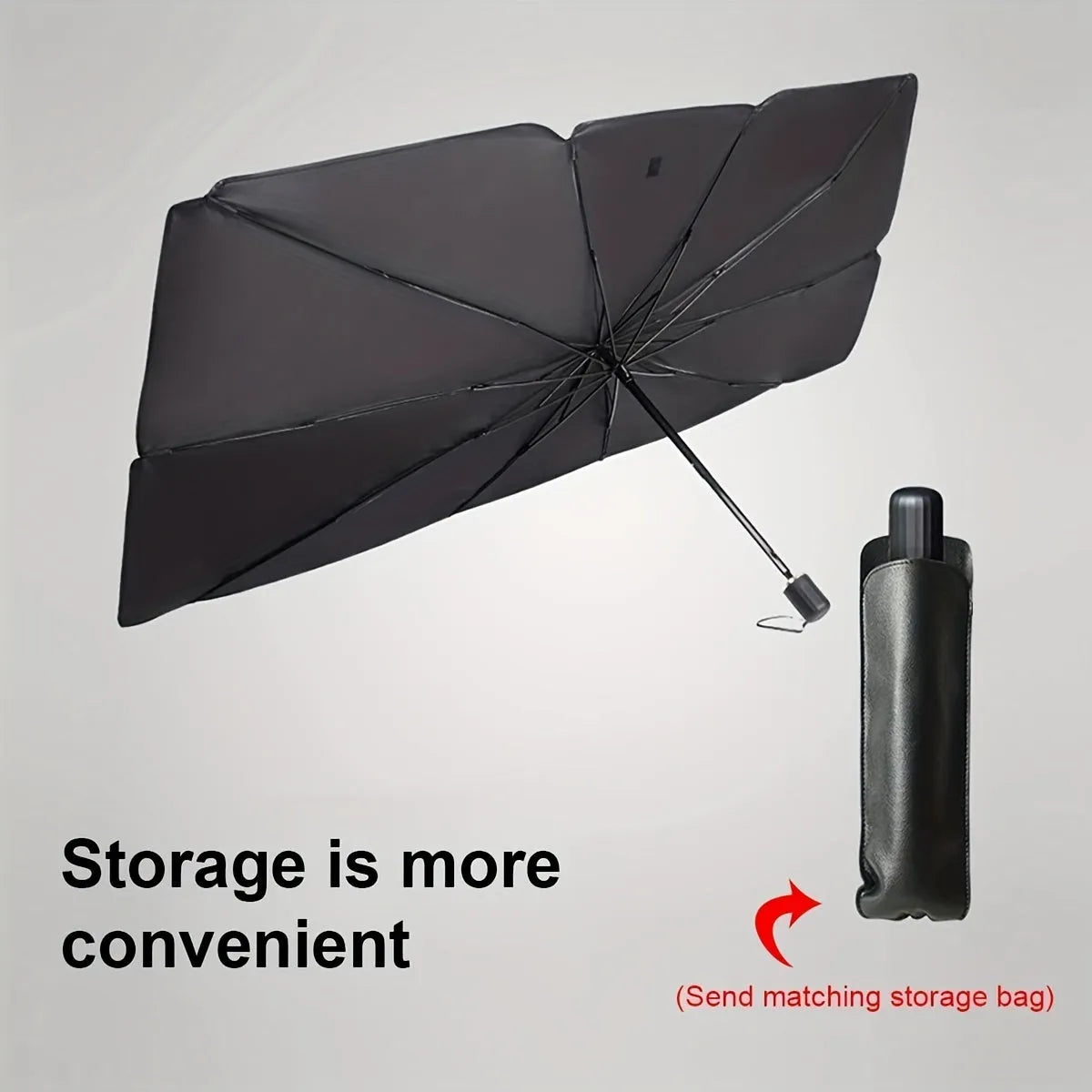 Foldable car windshield sunshade umbrella shown in open position against car windscreen