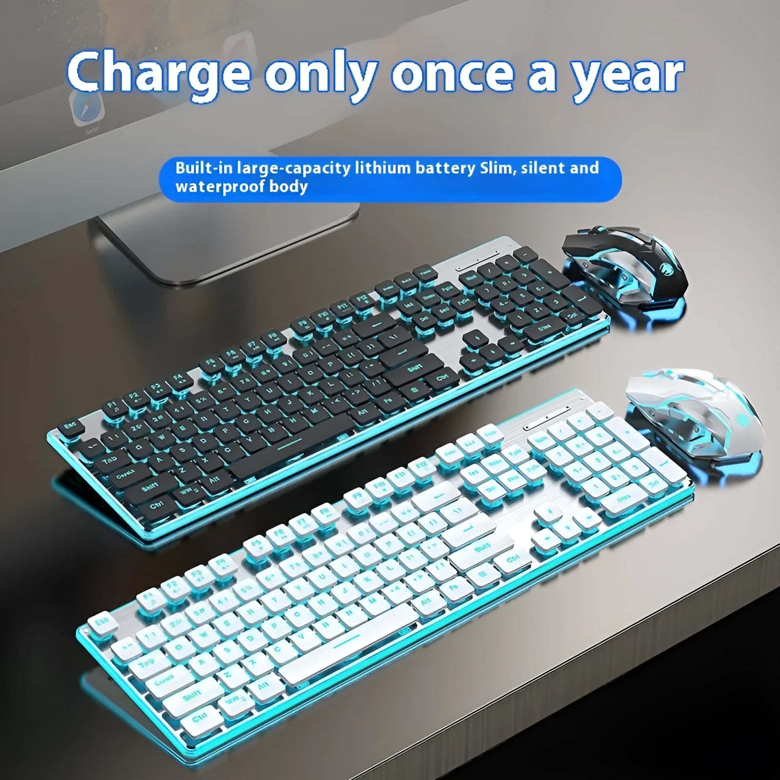 Compact wireless Bluetooth keyboard with mute button and pink backlight on a desk next to a tablet.