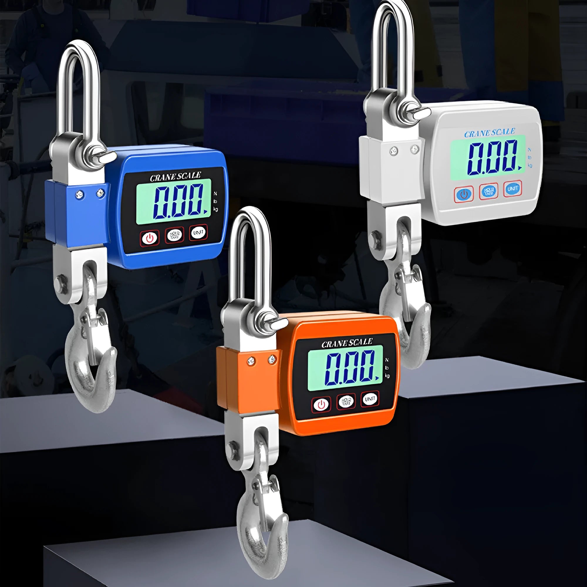 Digital hook scale with electronic display showing weight measurement