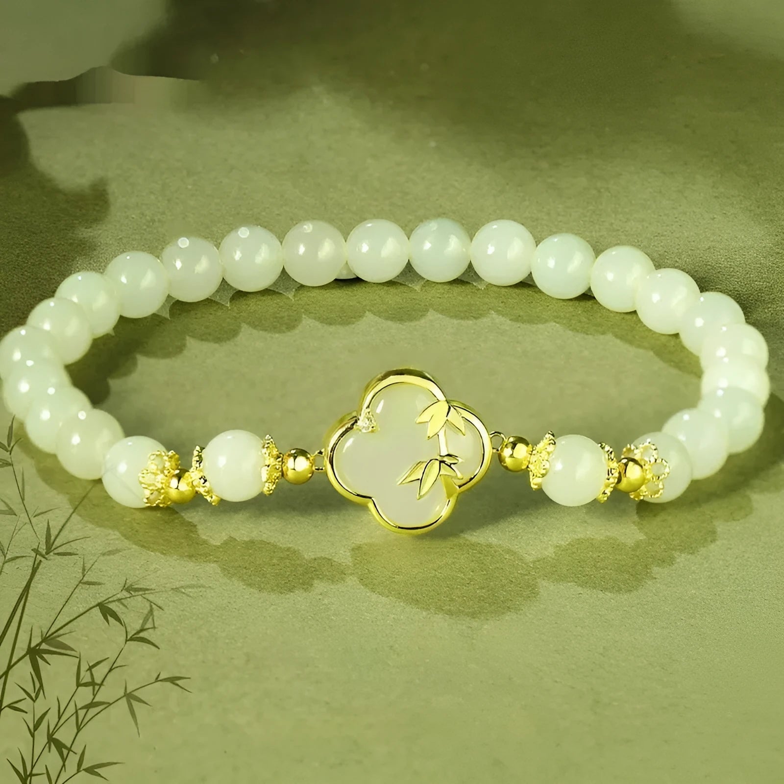 Hetian jade bracelet and necklace set with silver leaf inlay in national style design