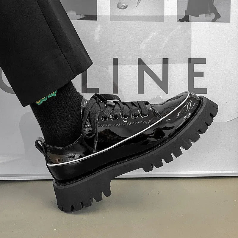 Men's casual leather platform shoes black cowhide upper heavy bottomed sole side view