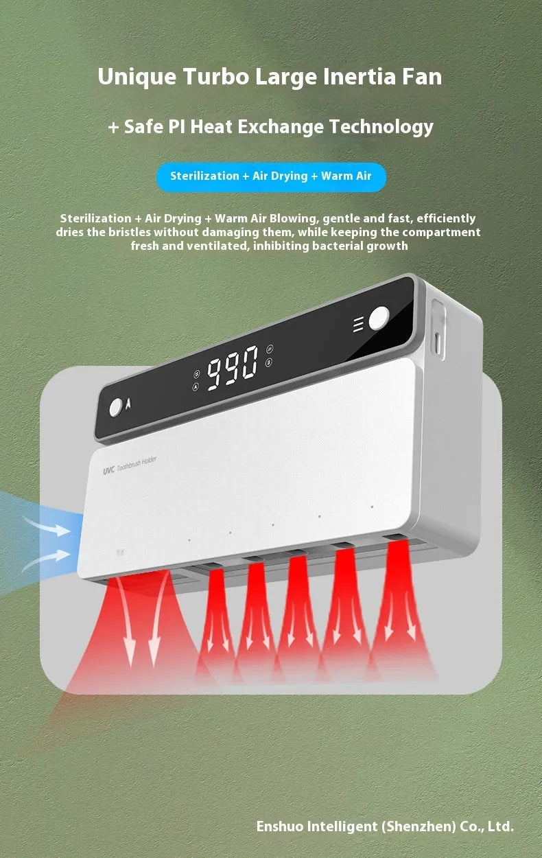 Black toothbrush sterilizer with UV disinfection and automatic drying, wall-mounted on tile with drill-free adhesive