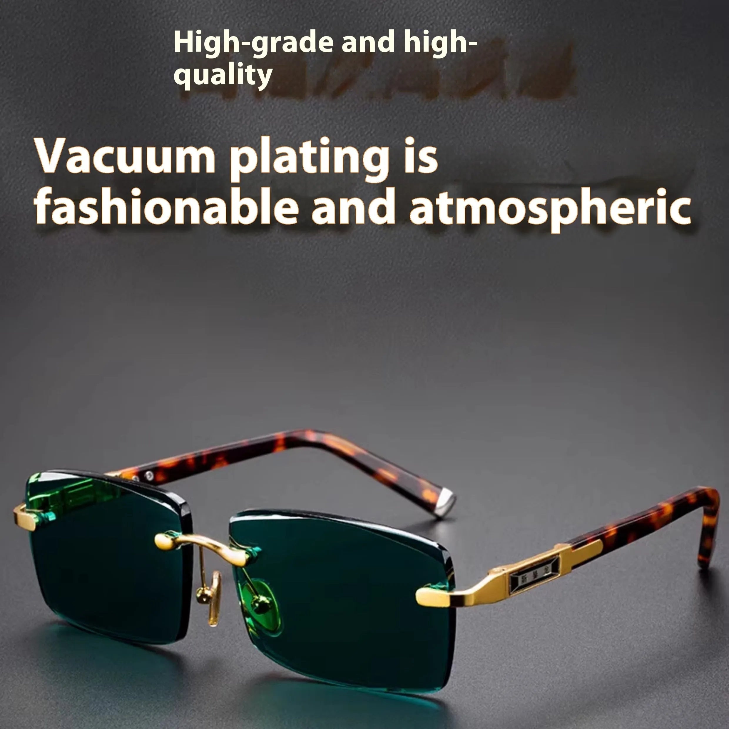 Frameless sunglasses with dark green crystal lenses showing a decorative wealth attracting pattern.