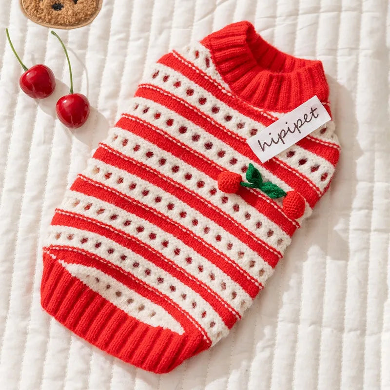 Red and white knitted pet sweater with cut-out detail and 3D cherry embroidery for small dogs and cats