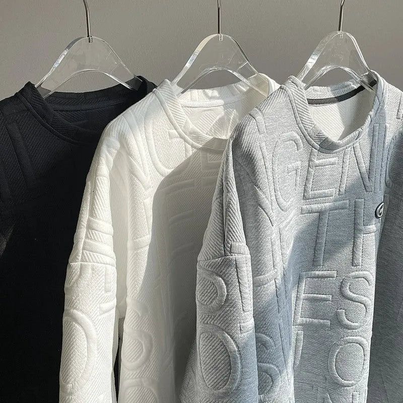 Men's grey t-shirt with raised black letter print, short sleeves, loose fit