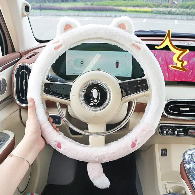 Plush cartoon animal embroidered thermal steering wheel cover for winter, shown fitted on a 38cm car steering wheel.