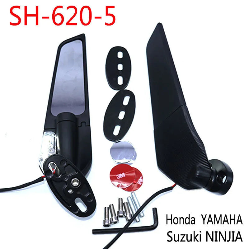 Pair of die-cast aluminium alloy motorcycle spoiler rearview mirrors with integrated yellow running lights and convex glass lenses.