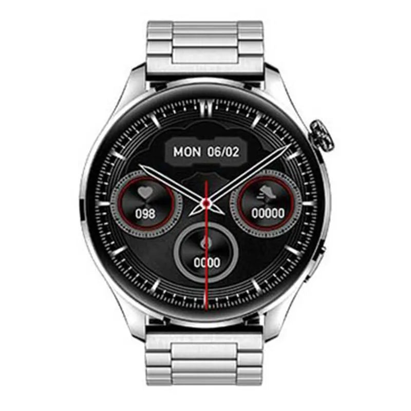 Smart watch with round colour screen on wrist, showing Bluetooth call interface with zinc alloy case.
